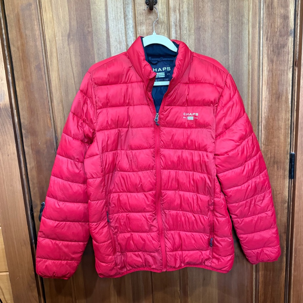 Chaps Mens Red Quilted Puffer Jacket Full Zip Stand Collar Size Large